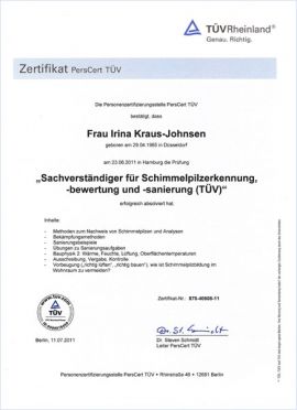 Irina Kraus-Johnsen, Sachverständige für Schimmelpilerkennung, -bewertung und -sanierung